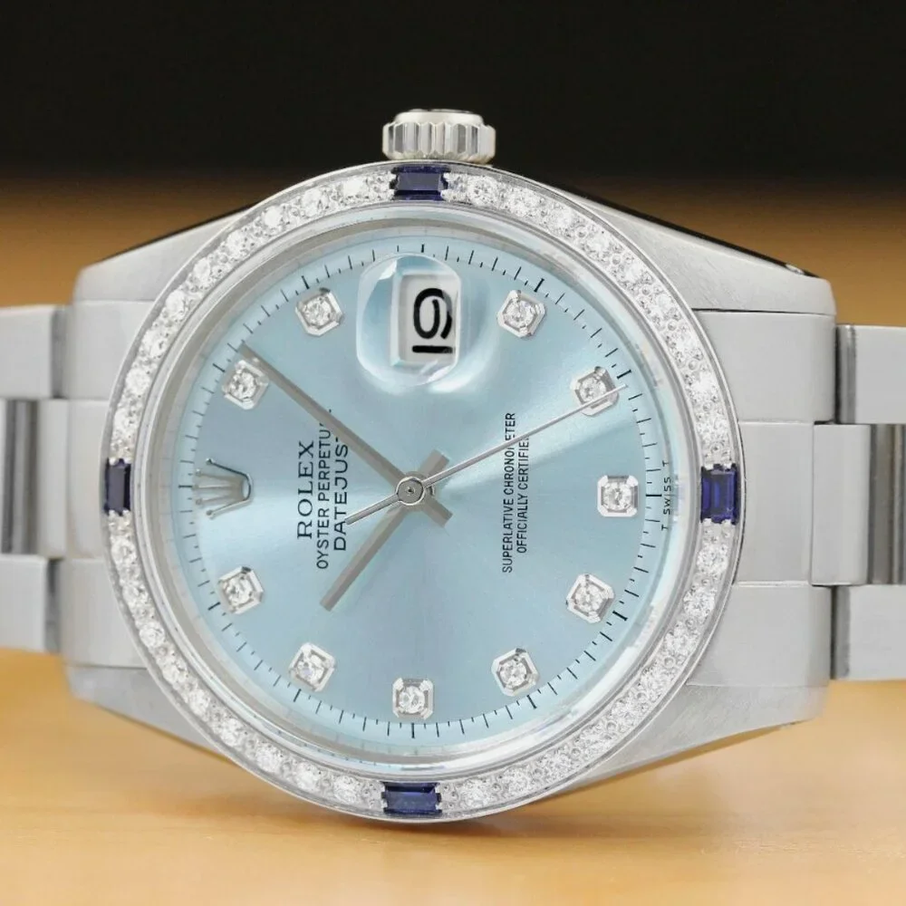 MENS ROLEX DATEJUST BLUE 18K GOLD SAPPHIRES WATCH - Picture 2 of 7